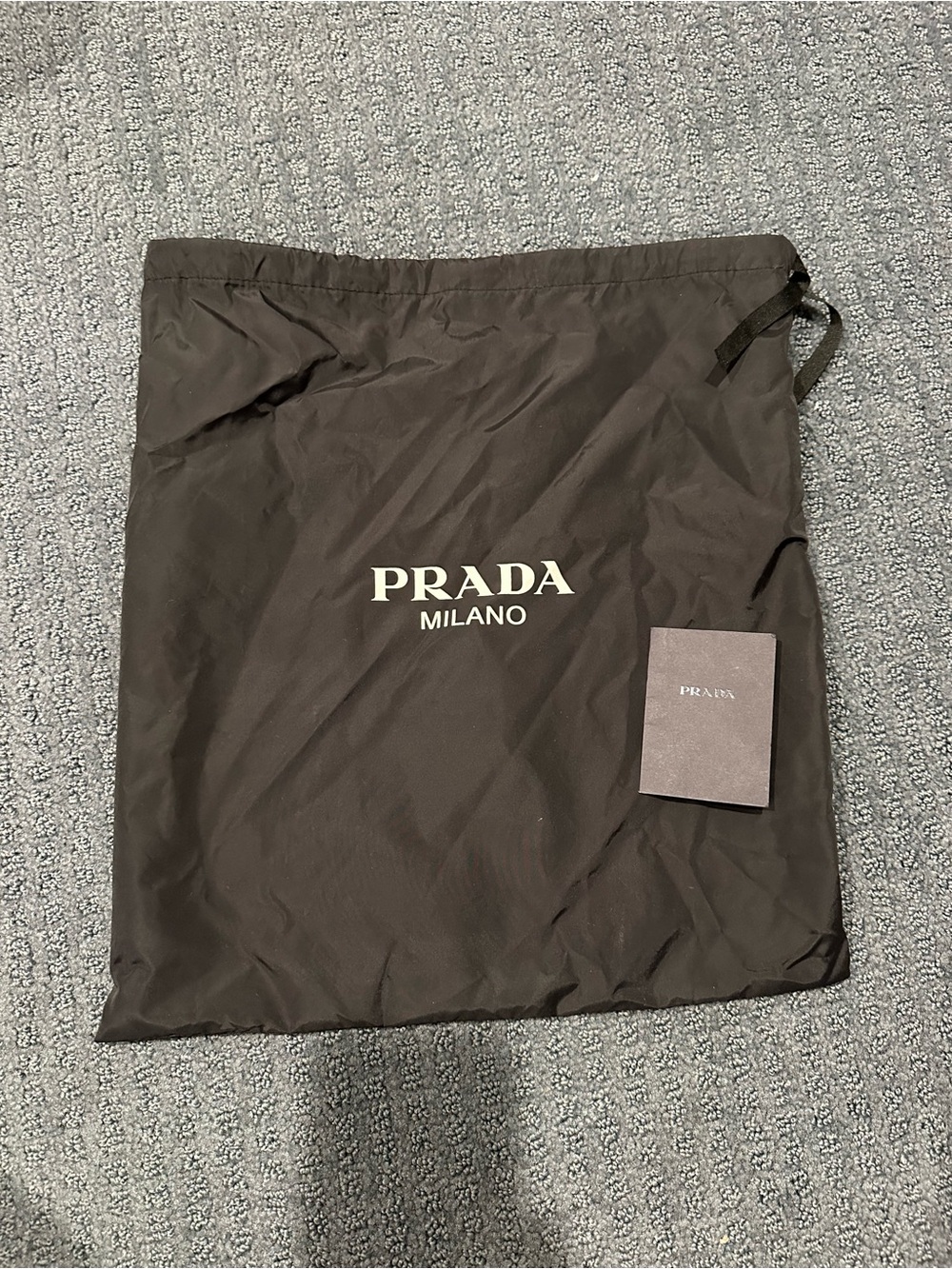 Prada Black Nylon Drawstring Bag with White Logo and Card